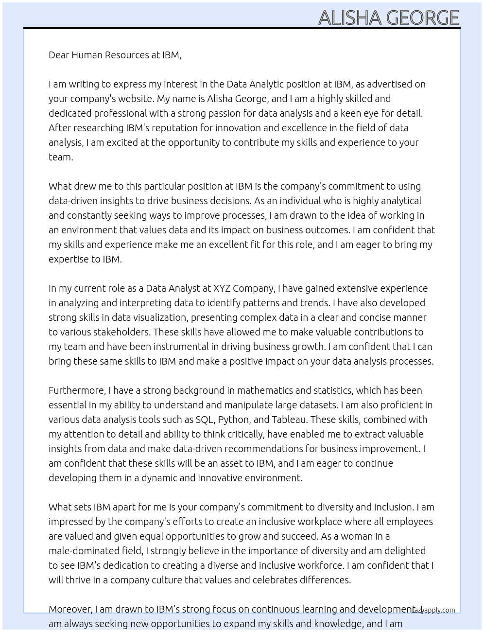 Data Analytic At IBM Cover Letter