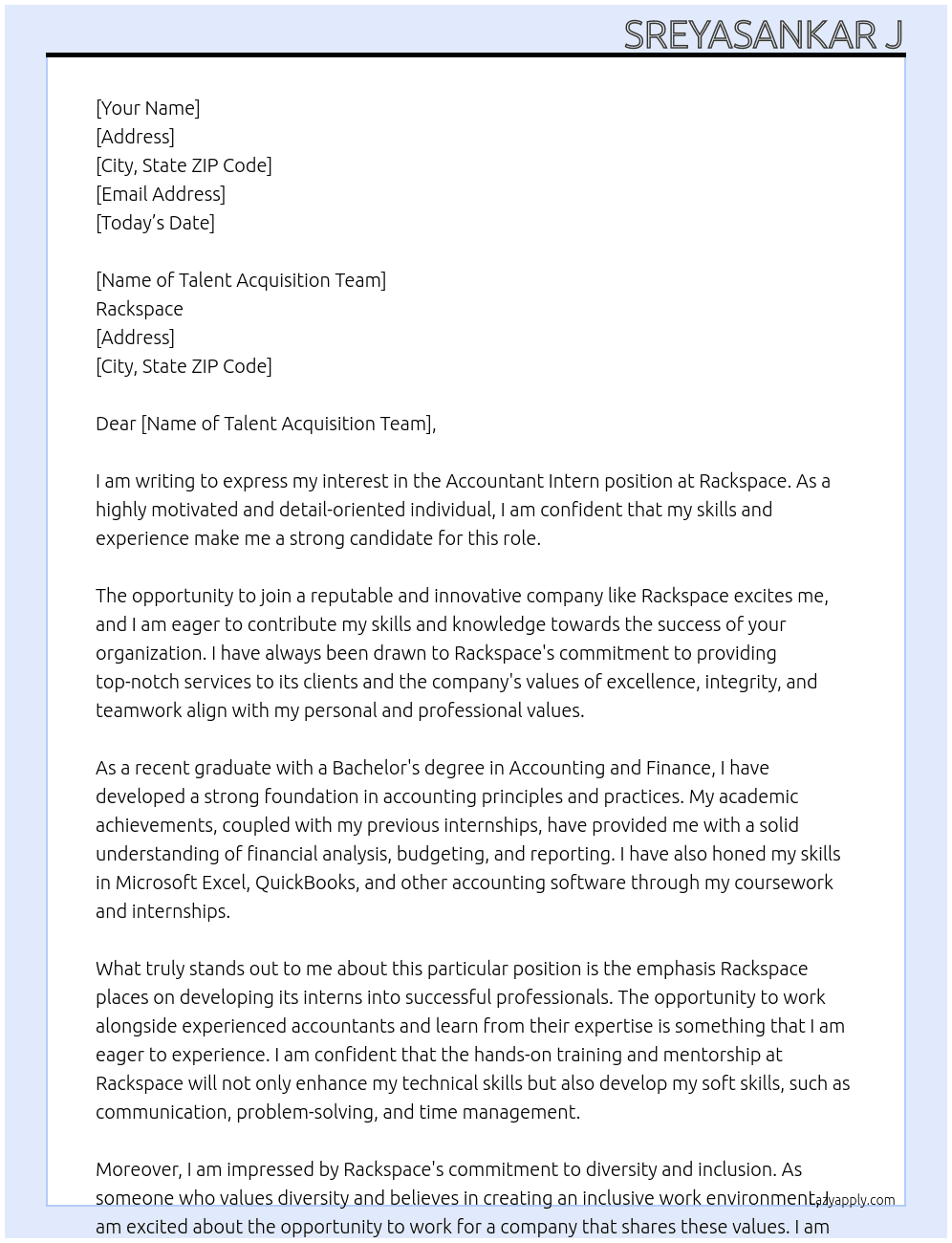 Accountant intern At Rackspace  Cover Letter