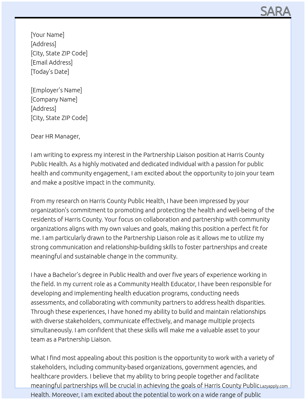 Partnership Liasion At Harris County Public Health Cover Letter