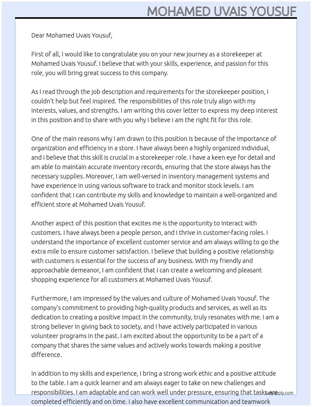 storekeeper At Mohamed Uvais Yousuf Cover Letter
