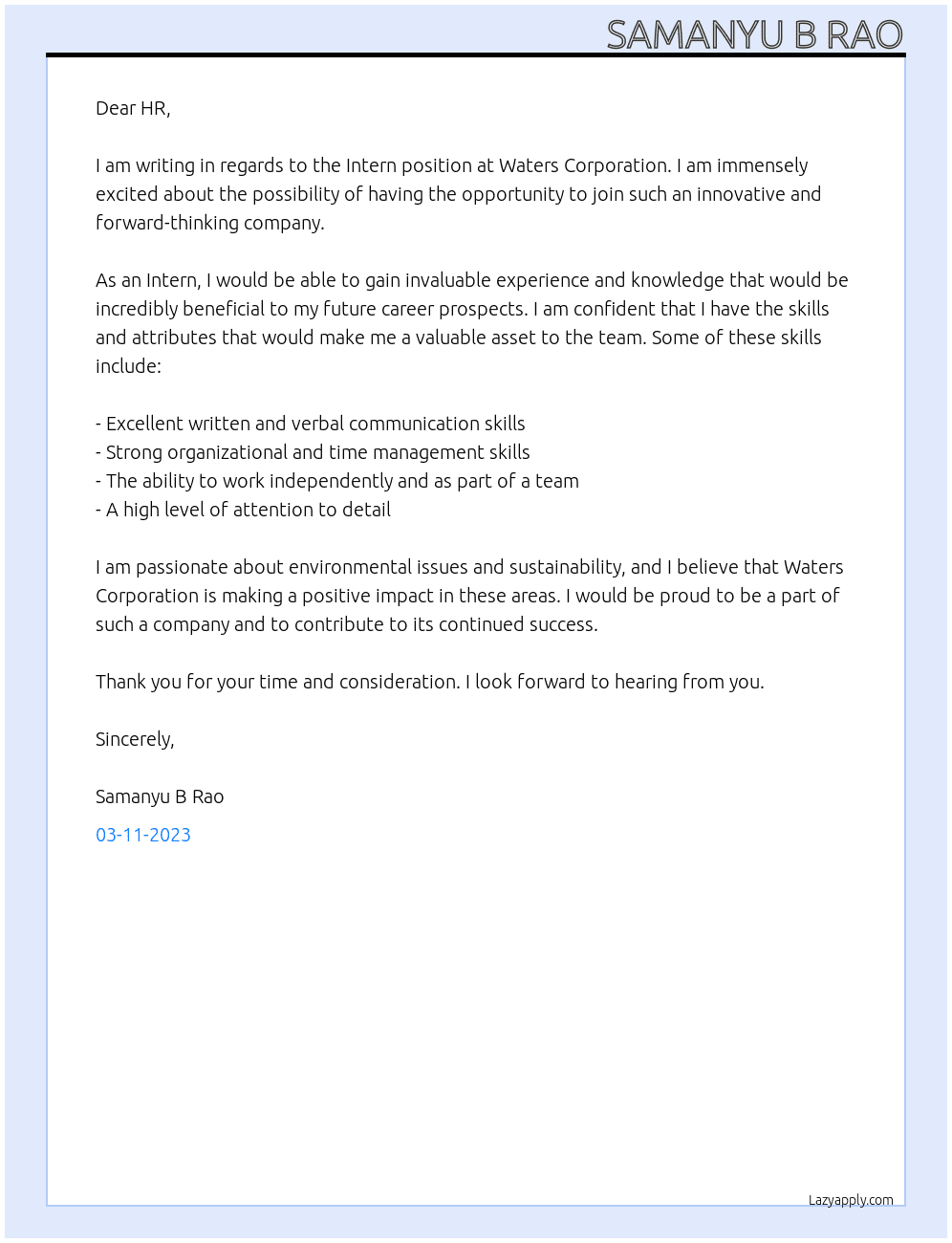 Intern At Waters Corporation Cover Letter