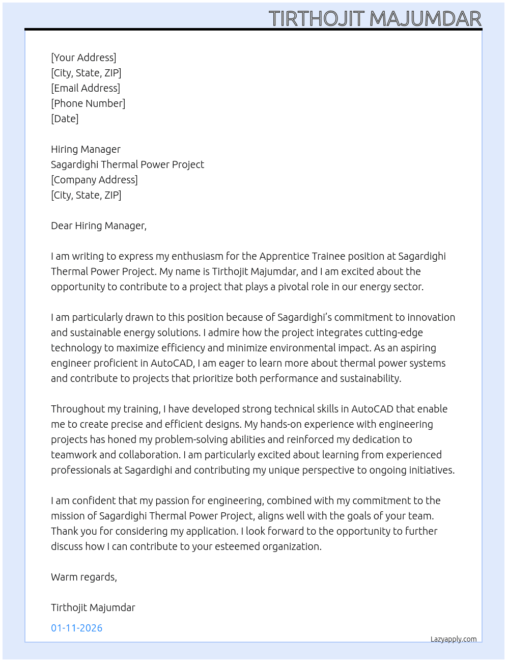 Apprentice Trainee  At Sagardighi Thermal Power Project  Cover Letter