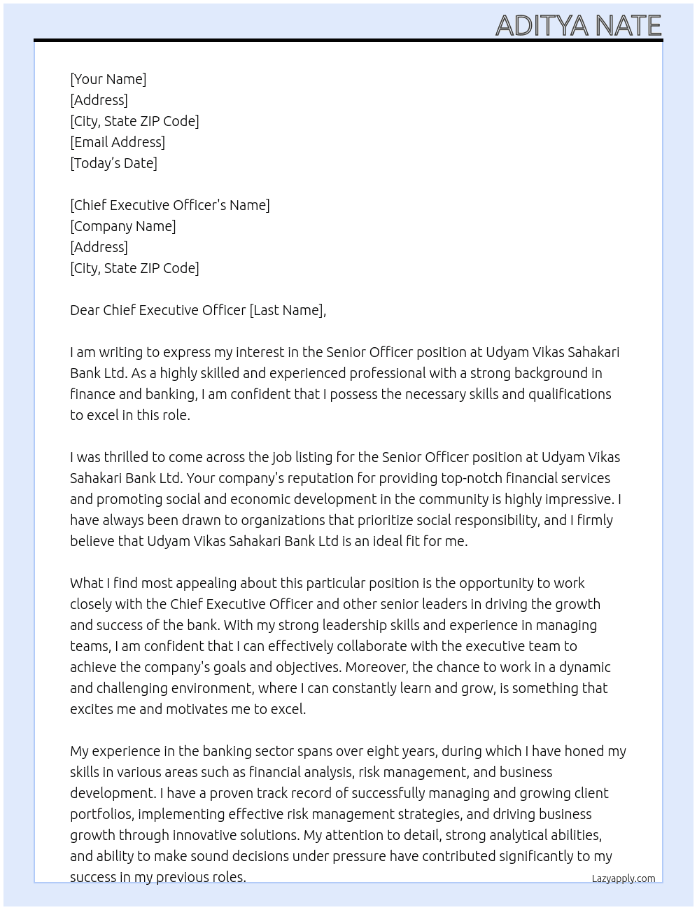 Senior Officer At Udyam Vikas Sahakari Bank Ltd Cover Letter