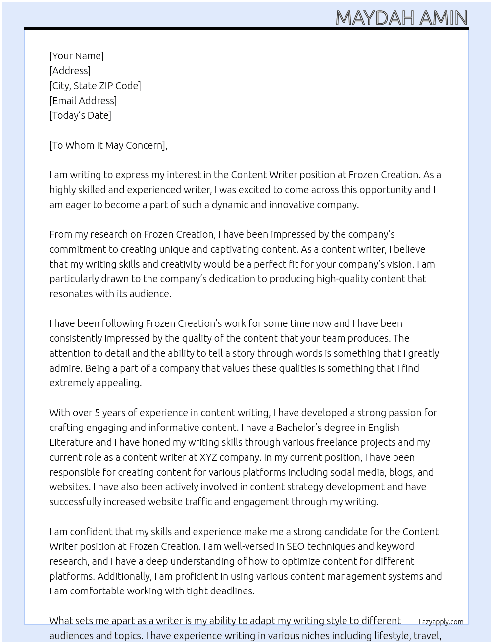 Content Writer At Frozen Creation Cover Letter