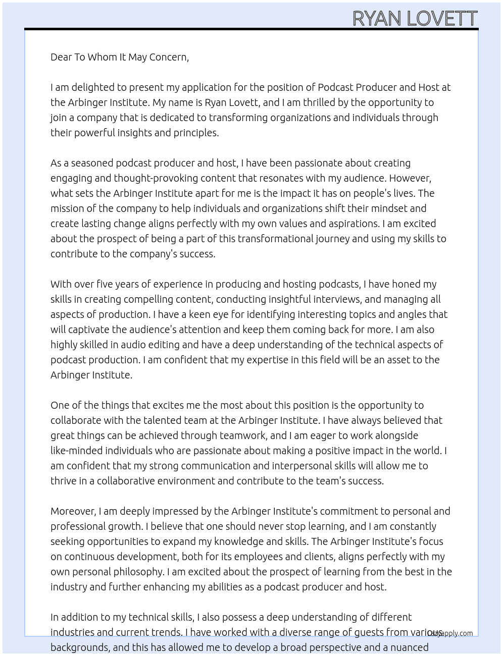Podcast Producer and Host At Arbinger Institute Cover Letter