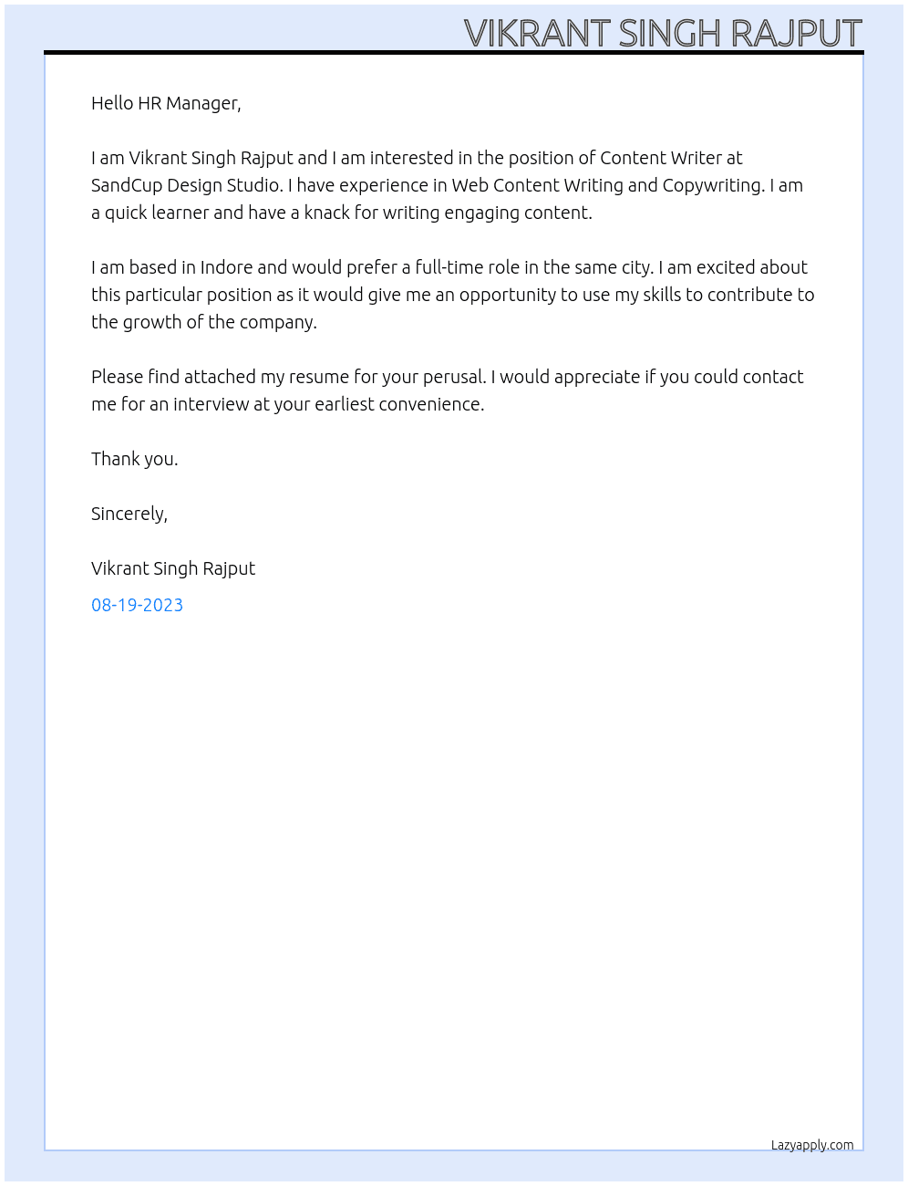 Content Writer At SandCup Design Studio Cover Letter