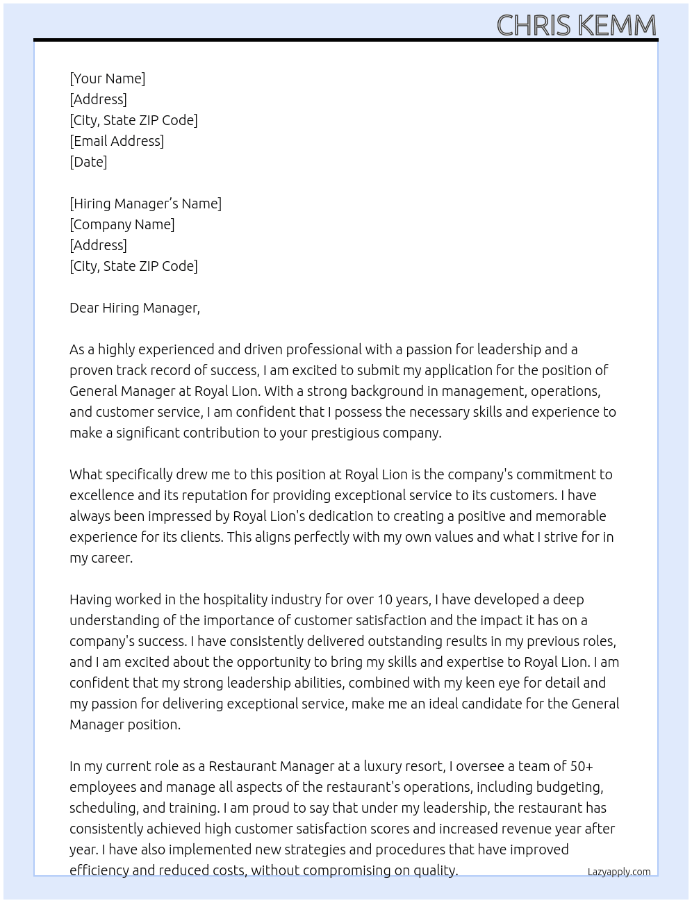general manager At Royal Lion Cover Letter