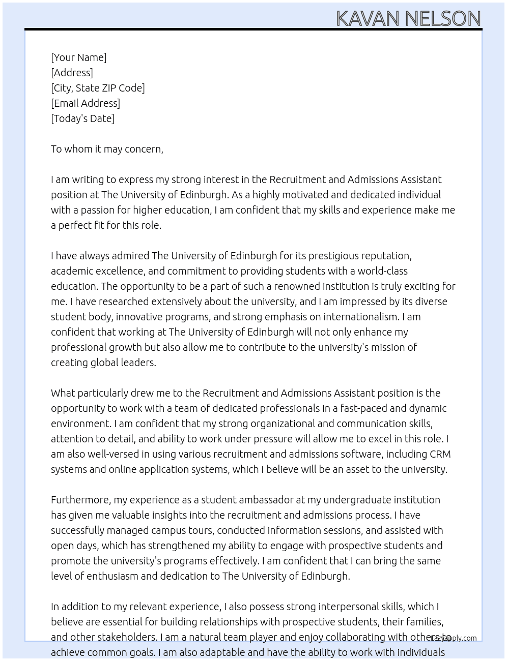 Recruitment and Admissions Assistant At The University of Edinburgh Cover Letter