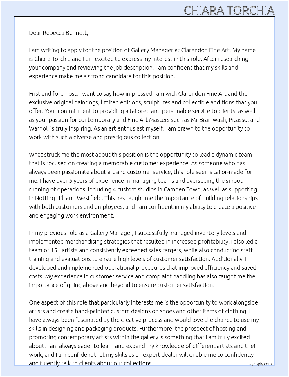 Gallery Manager  At Clarendon Fine art Cover Letter