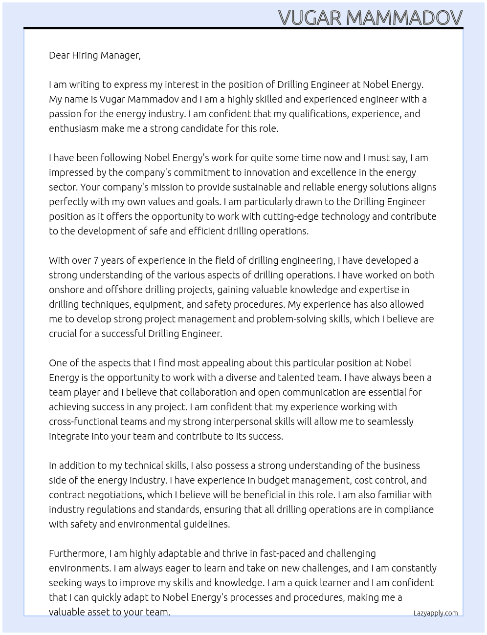 Drilling Engineer At Nobel Energy Cover Letter