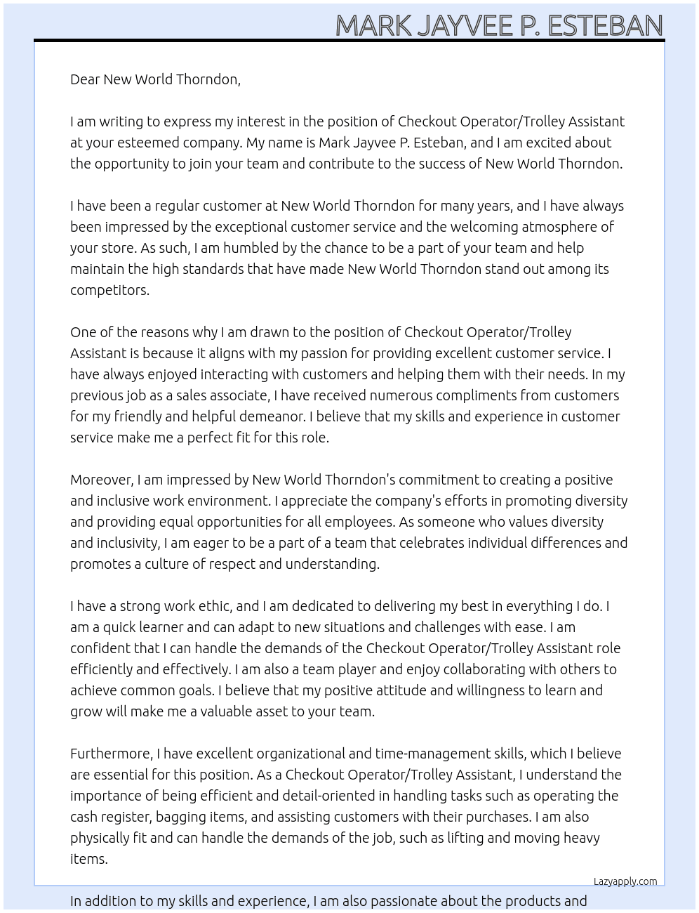 Checkout Operator/ Trolley Assistant At New World Thorndon Cover Letter