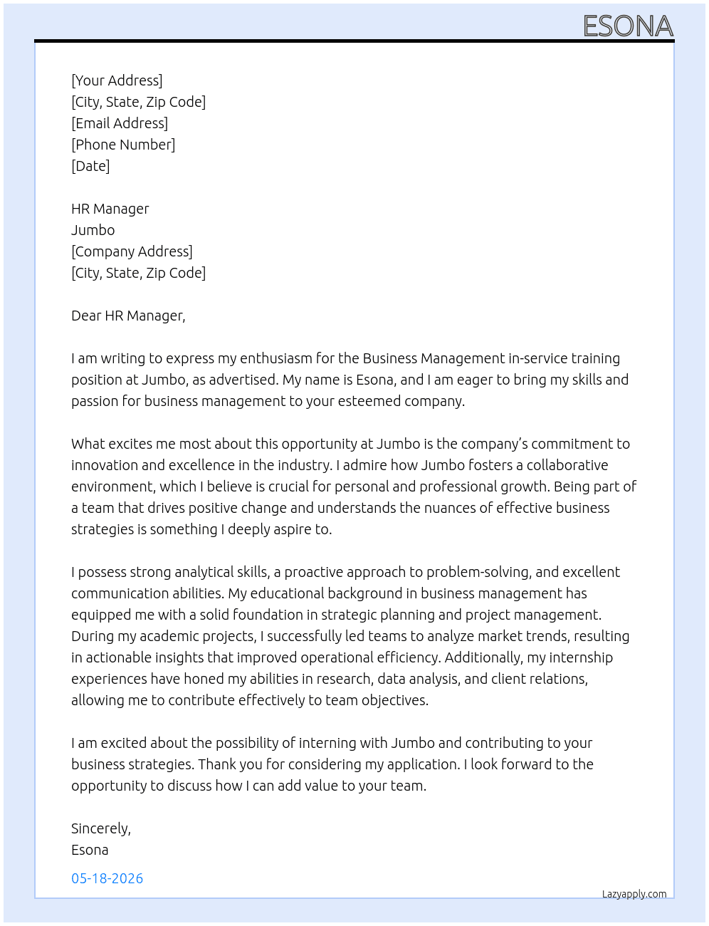In-inservice training Business Management  At Jumbo Cover Letter