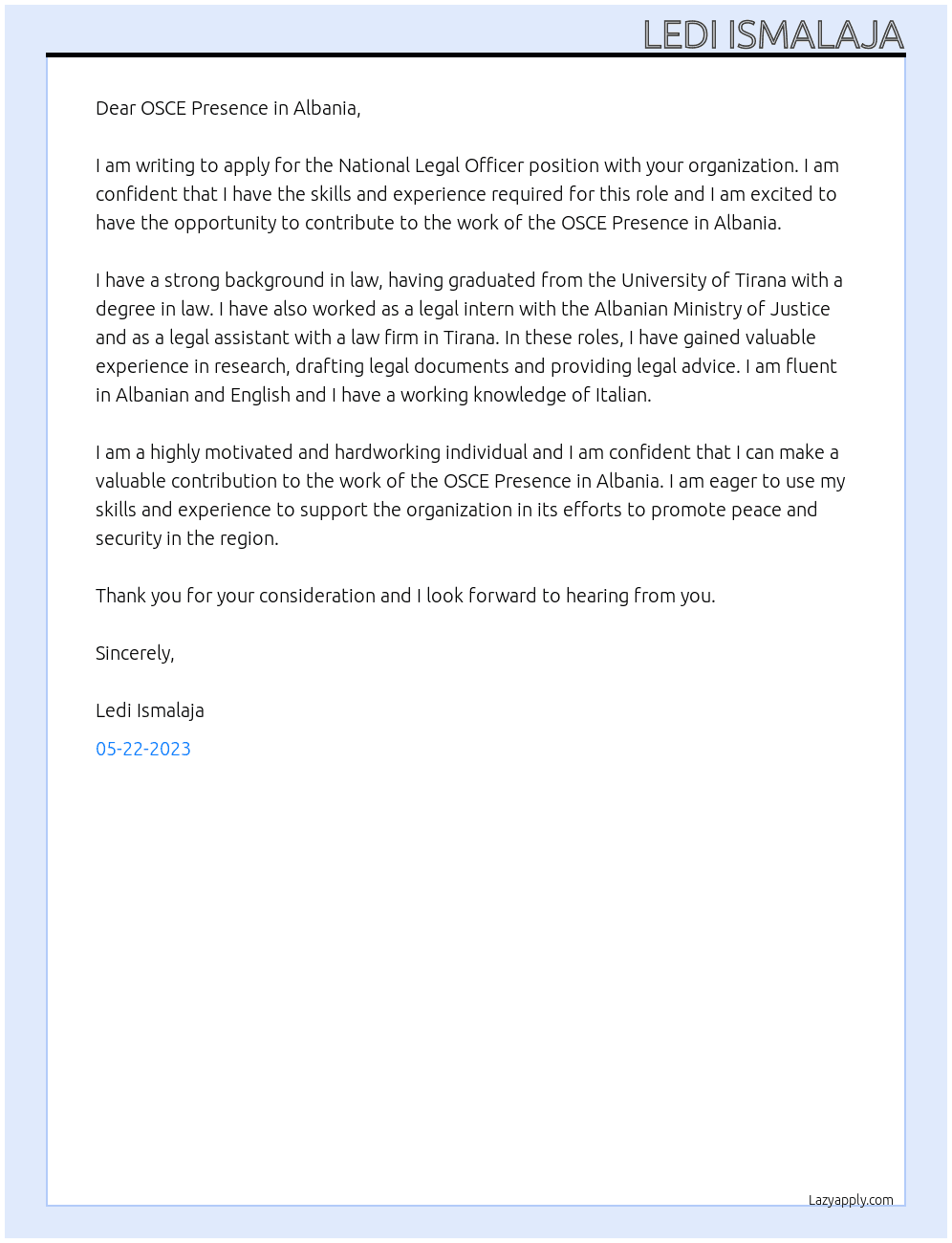 National Legal Officer At OSCE Cover Letter