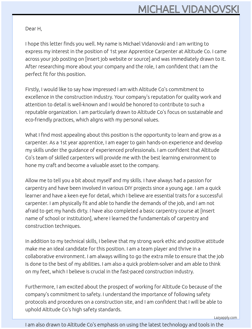 1st year Apprentice Carpenter At Altitude Co Cover Letter