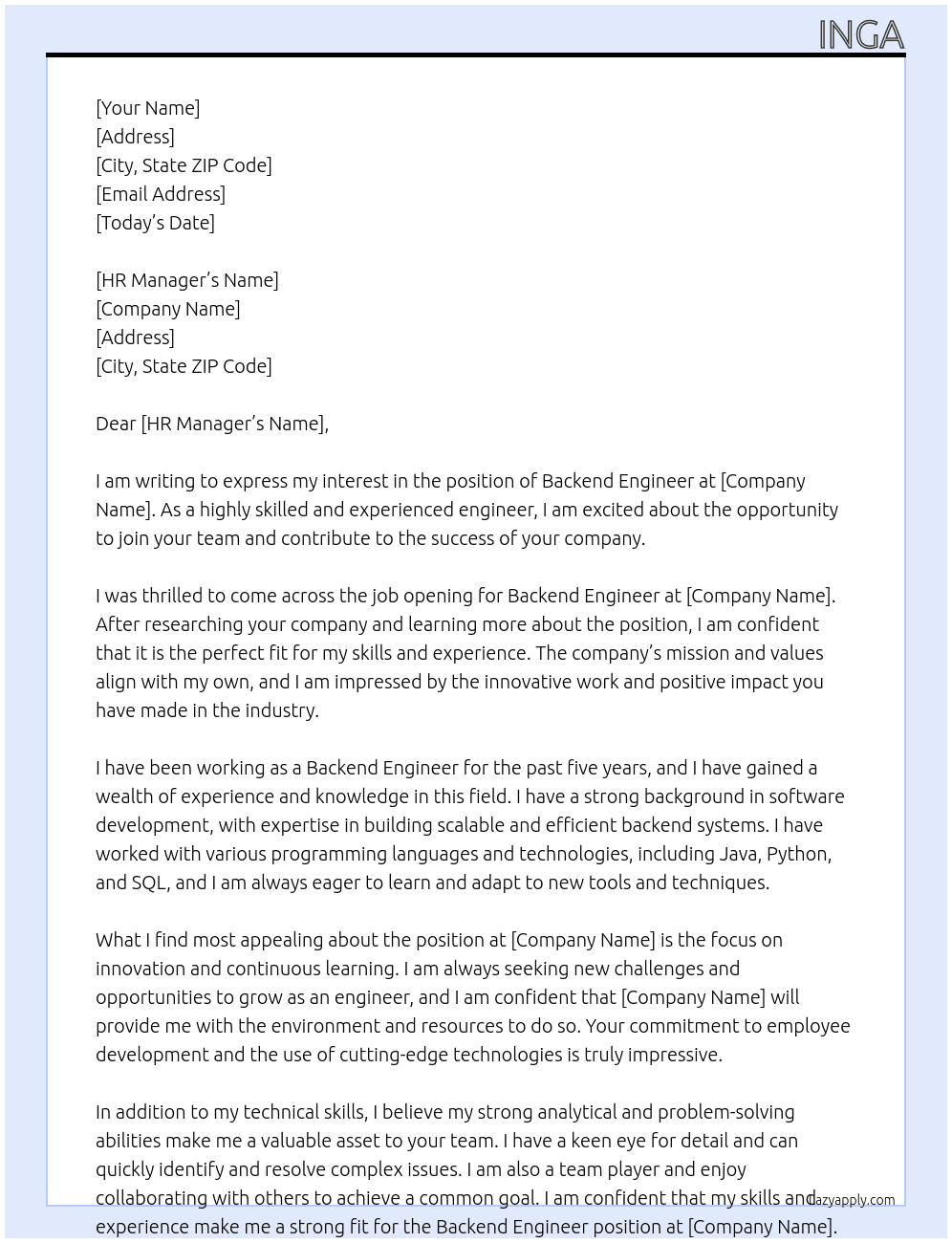 Backend Engineer At Backend Engineer Cover Letter