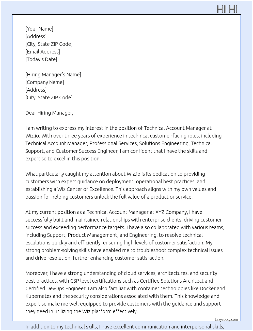 Technical Account Manager - East - Commercial At Wiz.io Cover Letter