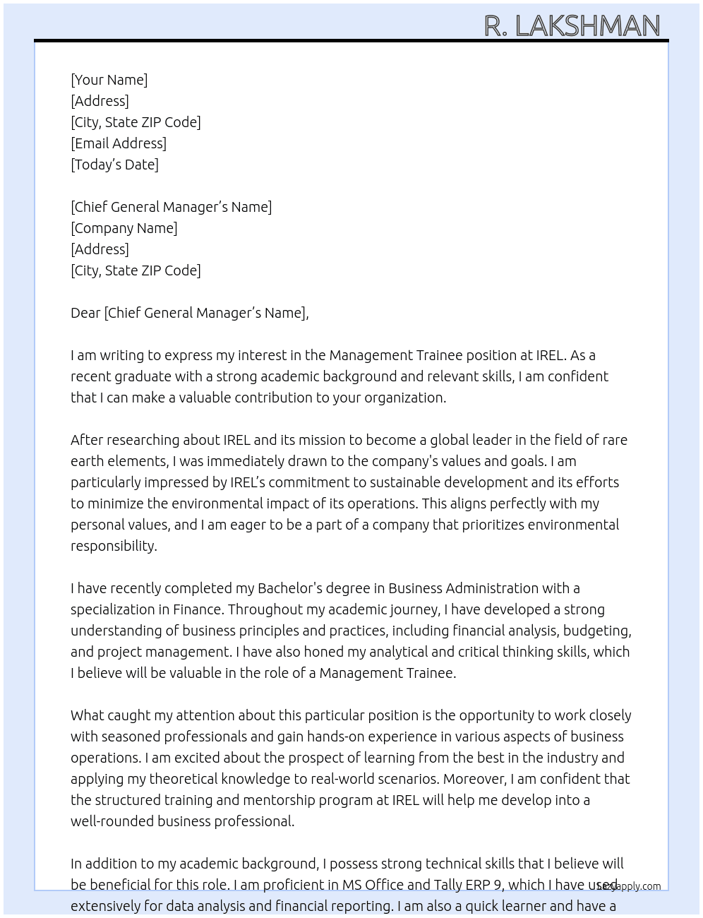 Management trainee At IREL Cover Letter