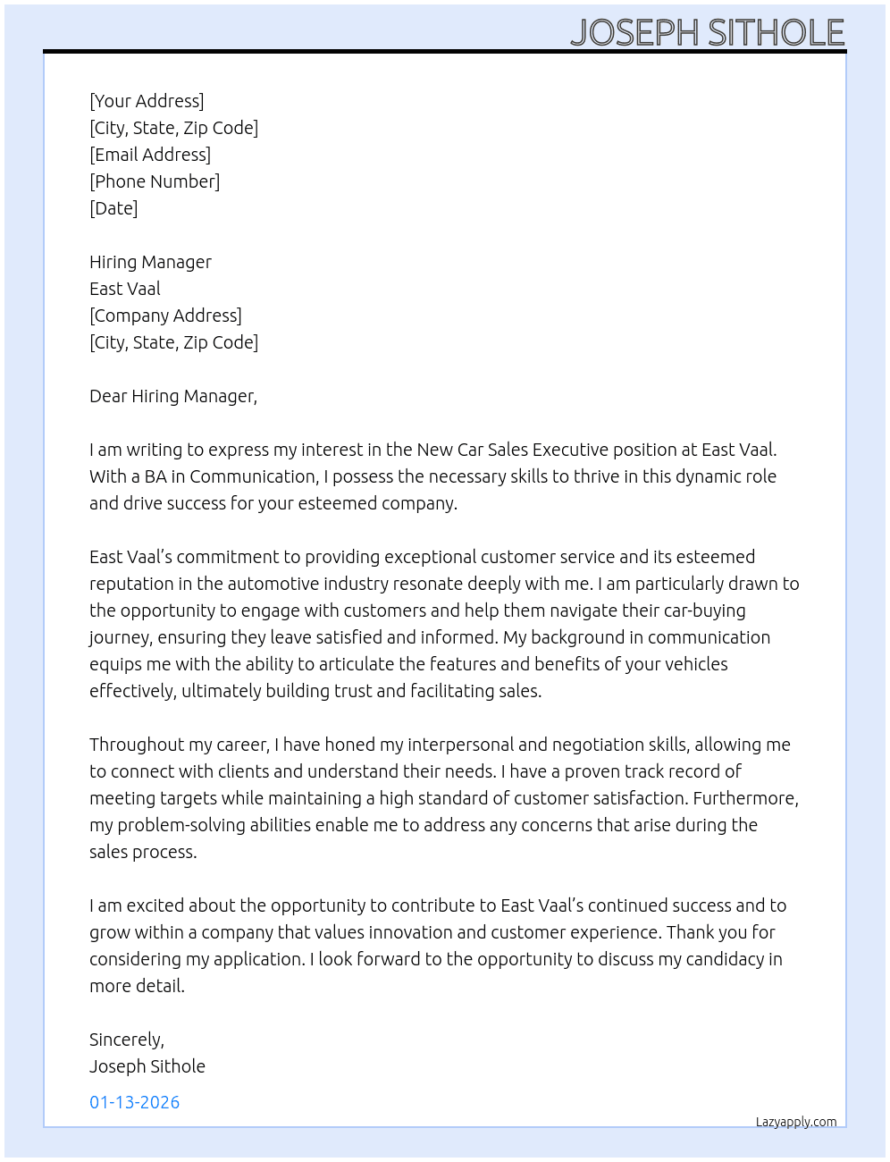 New Car Sale Executive At East Vaal Cover Letter