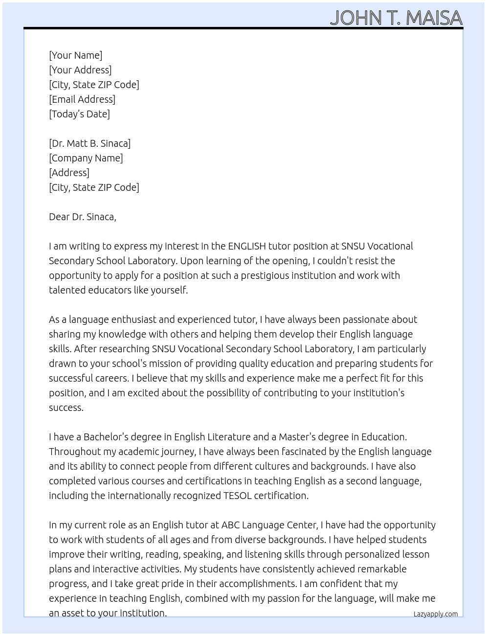 ENGLISH totur At SNSU Vocational Secondary School Laboratory  Cover Letter