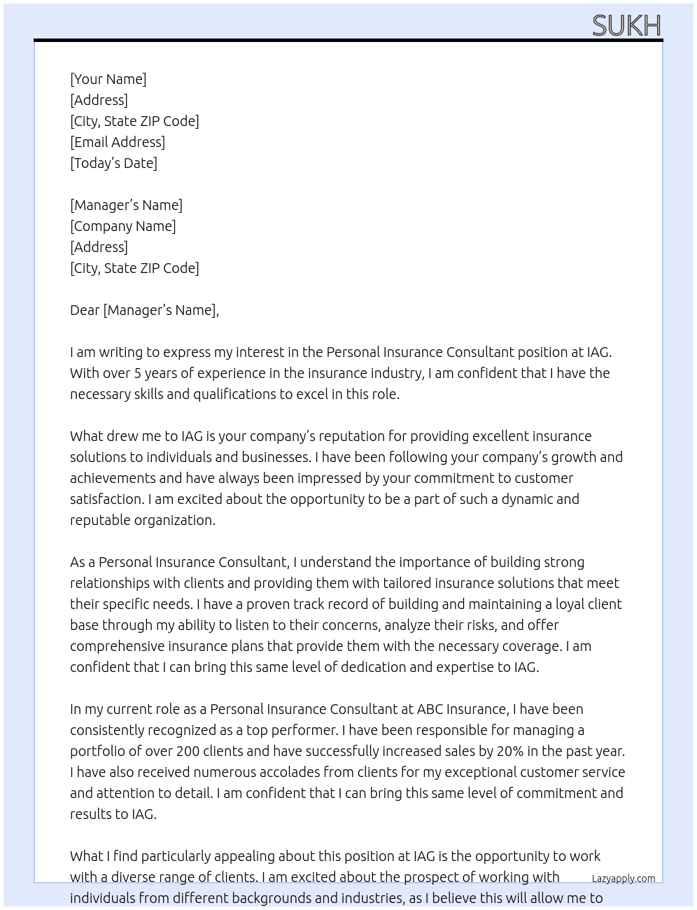 Personal insurance consultant At IAG Cover Letter