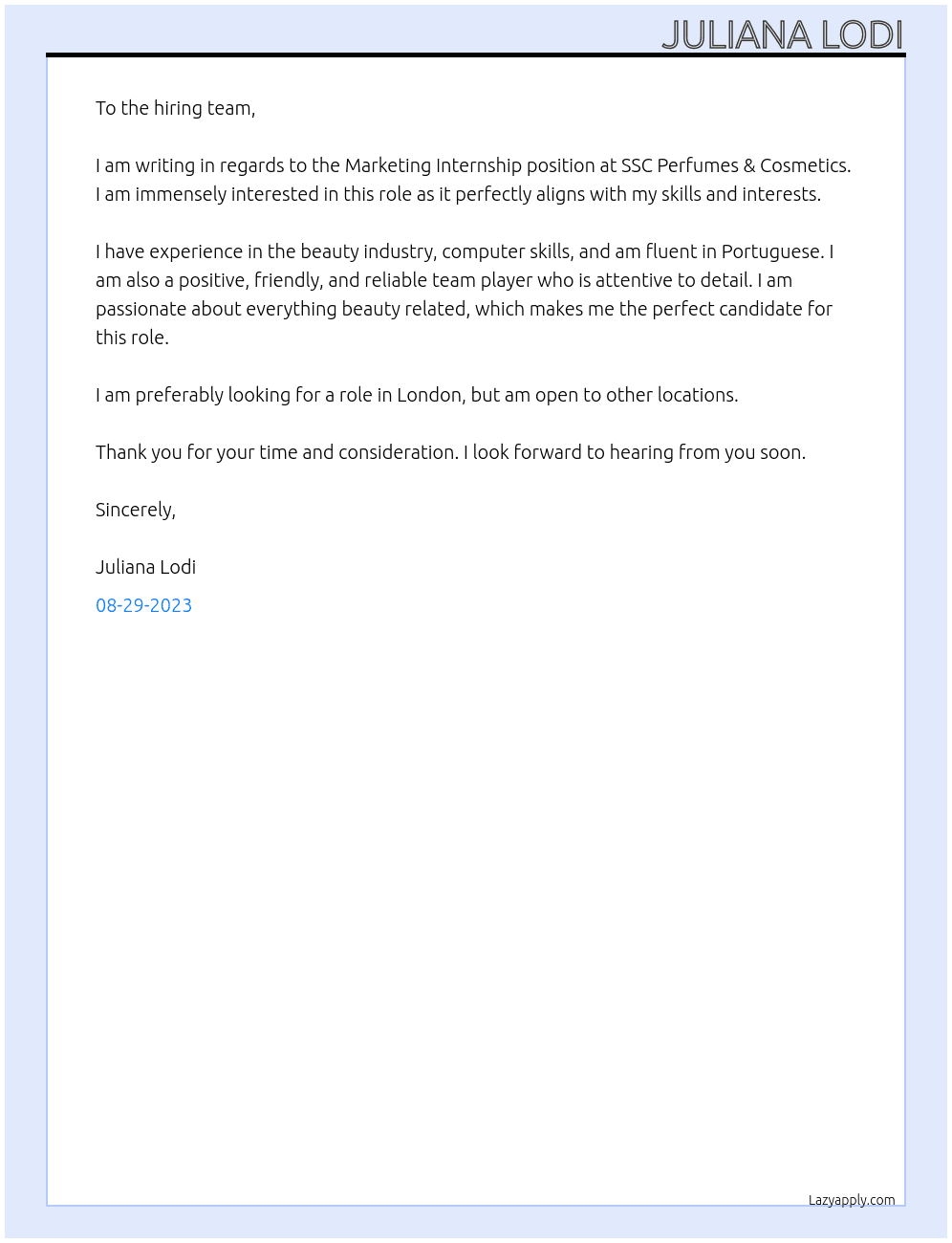 Marketing Internship At SSC Perfumes & Cosmetics Cover Letter
