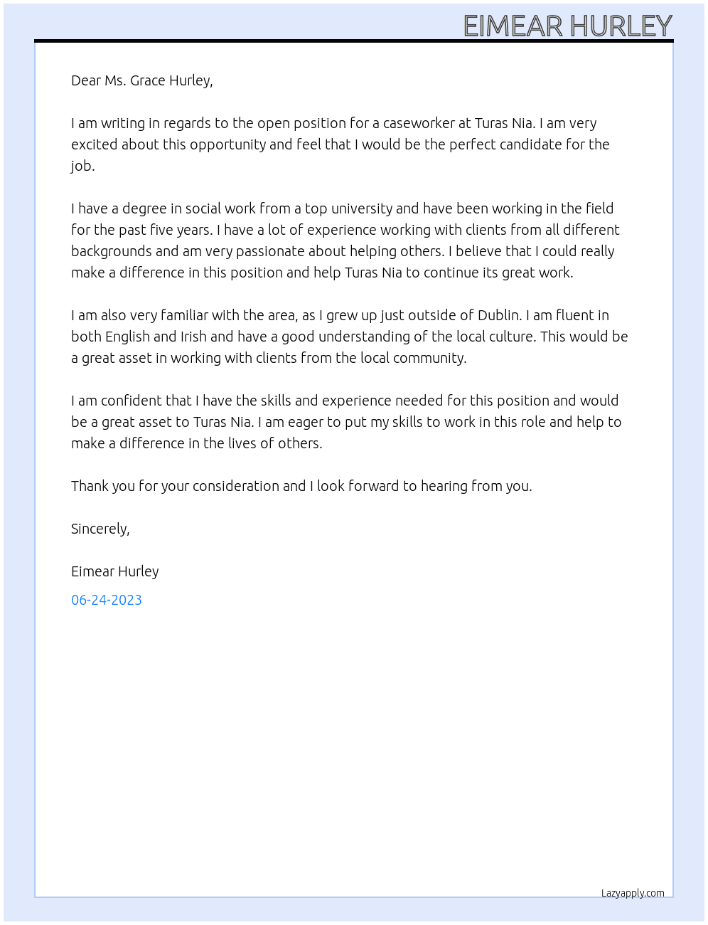 Caseworker  At Turas Nia Cover Letter