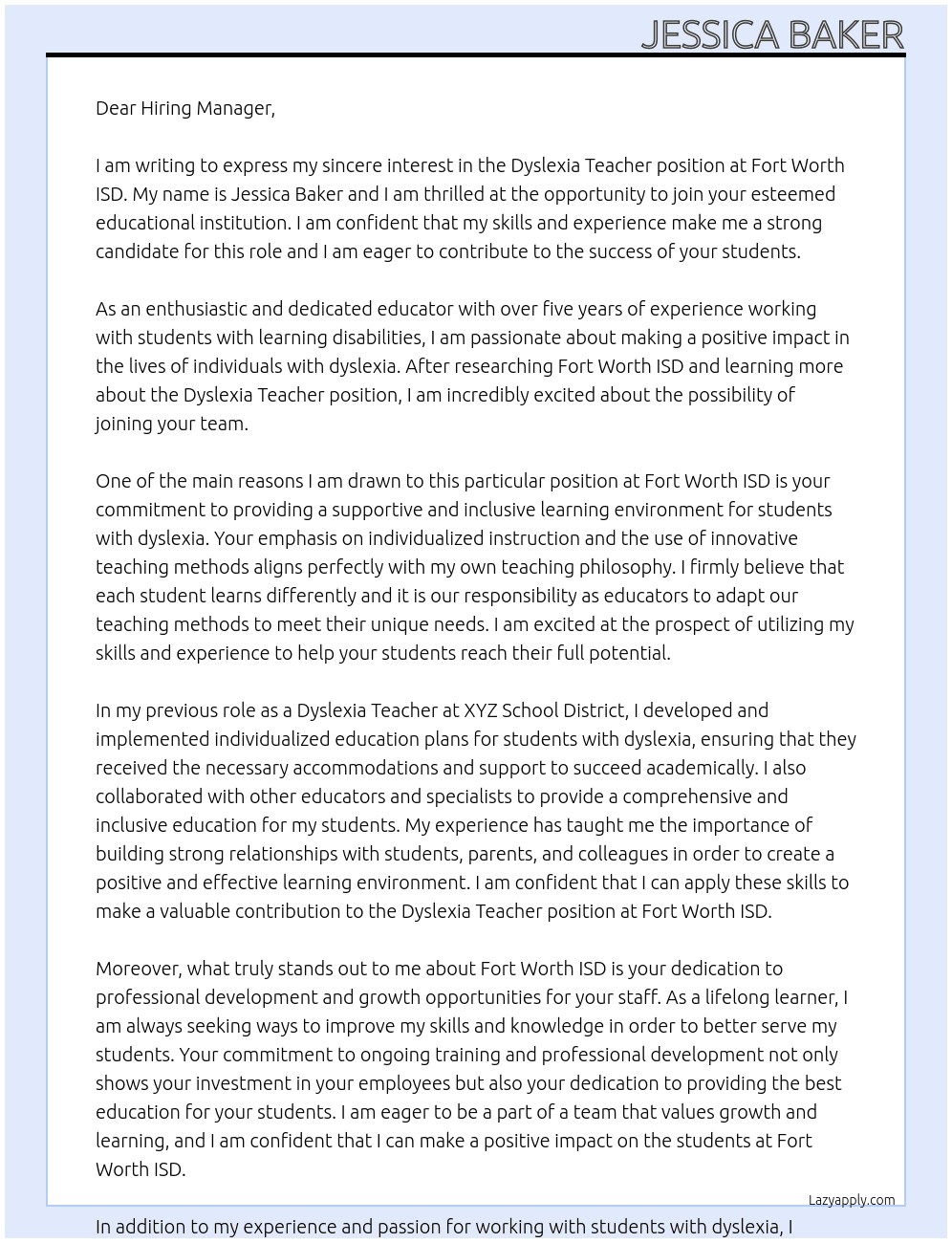 Dyslexia Teacher At Fort Worth ISD Cover Letter