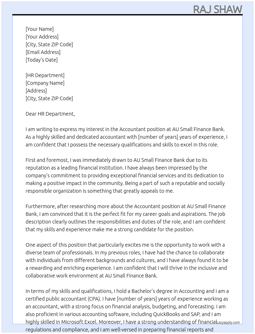 accountant At AU SMALL FINANCE BANK Cover Letter