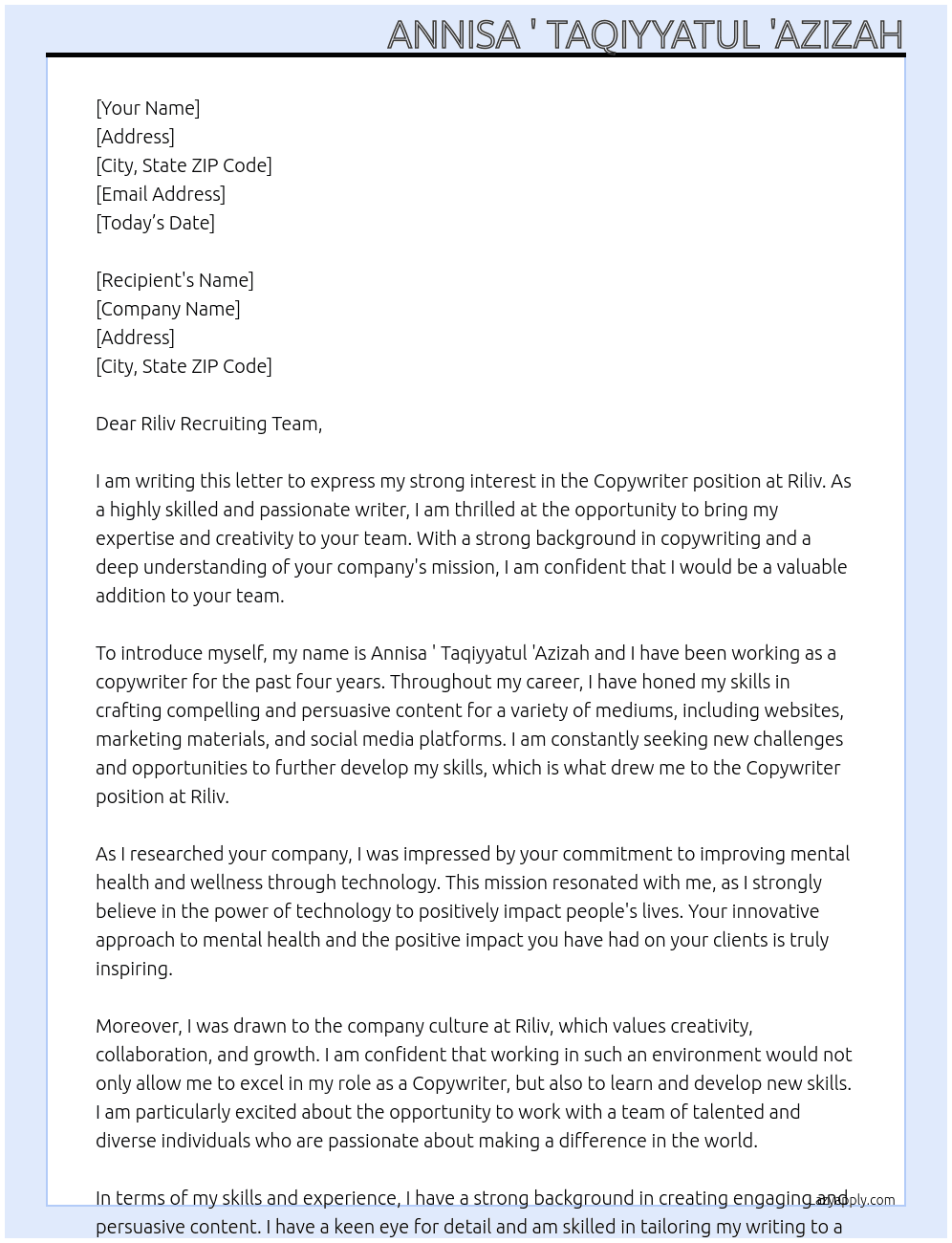 Copywriter  At Riliv  Cover Letter