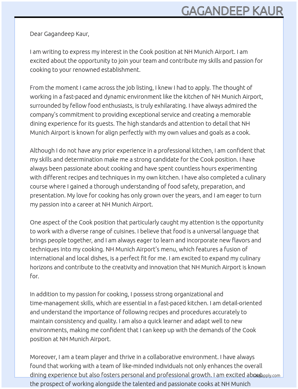Cook At NH Munich Airport Cover Letter