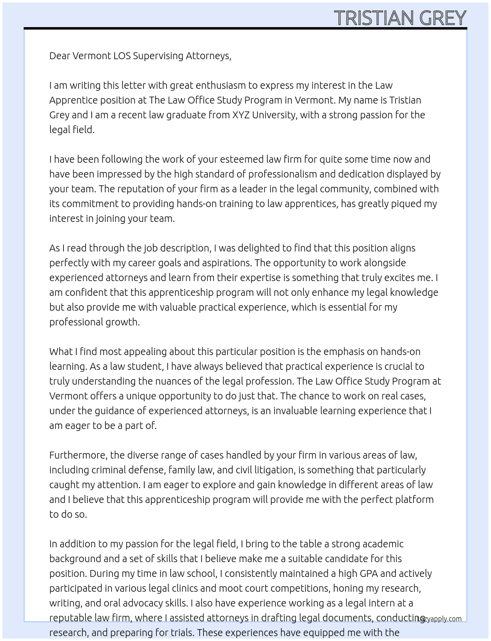 Law Apprentice  At The Law Office Study Program - Vermont Cover Letter