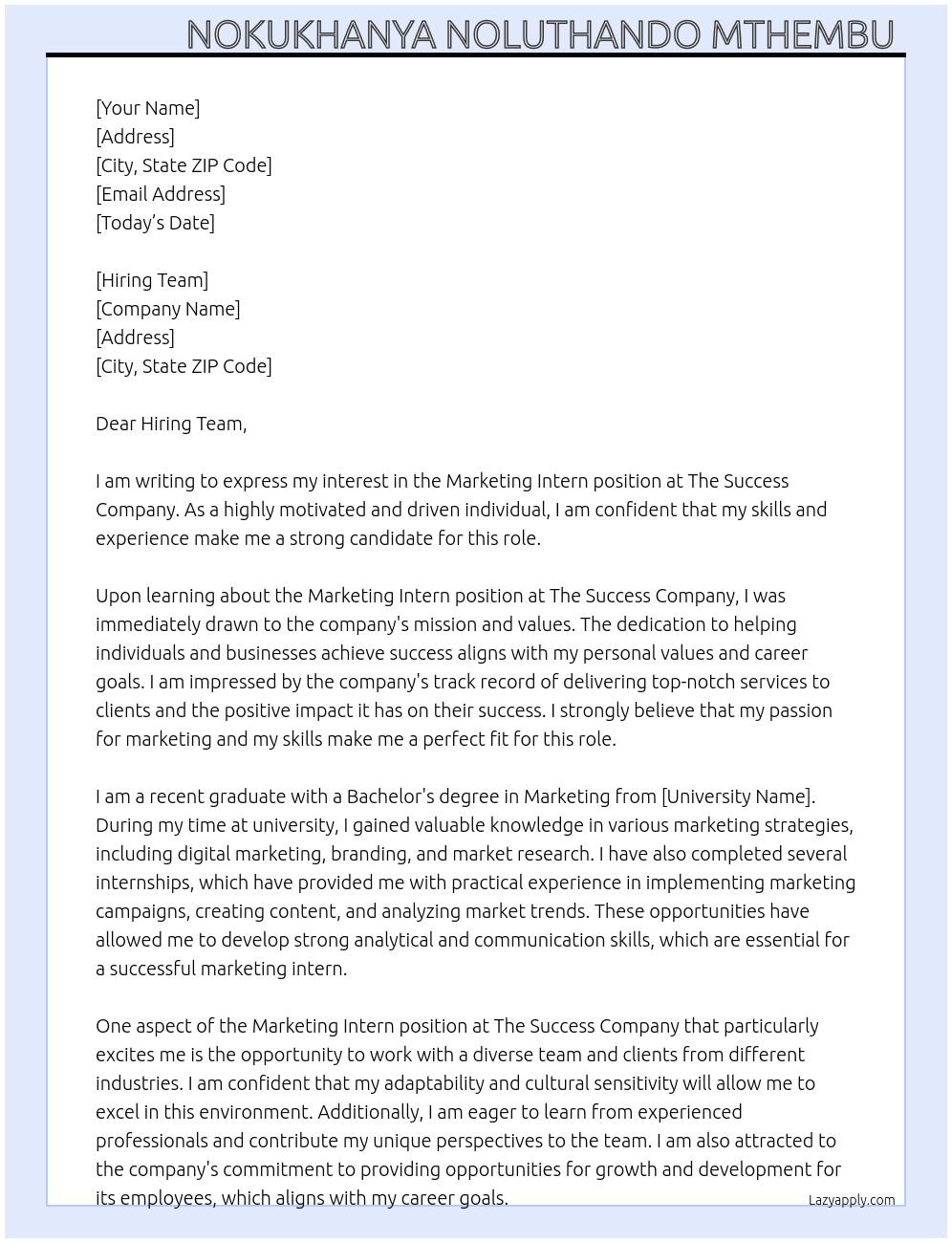 Marketing Intern At The Success Company  Cover Letter