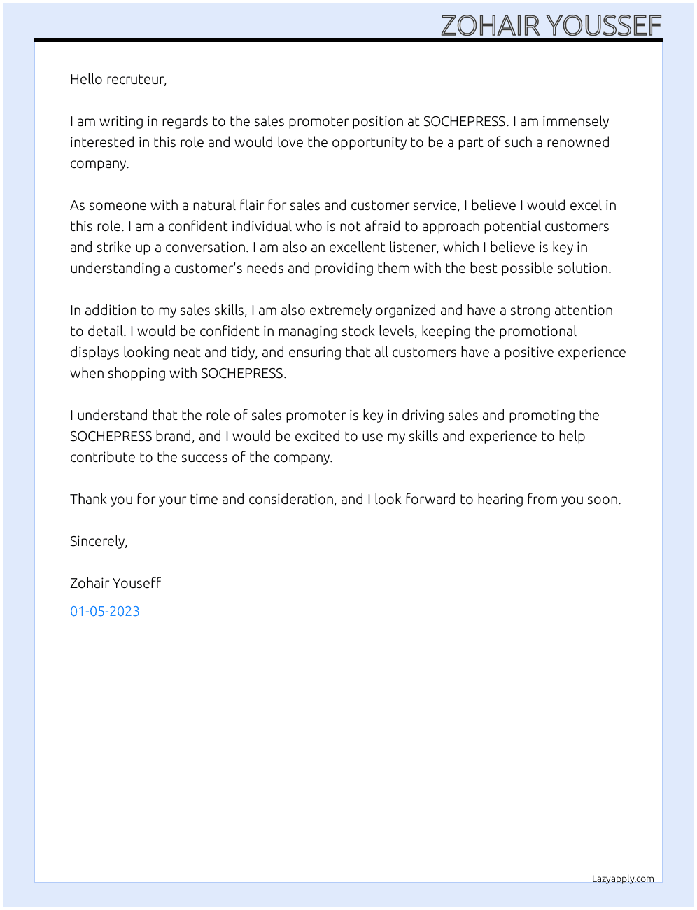sales promoter At SOCHEPRESS Cover Letter