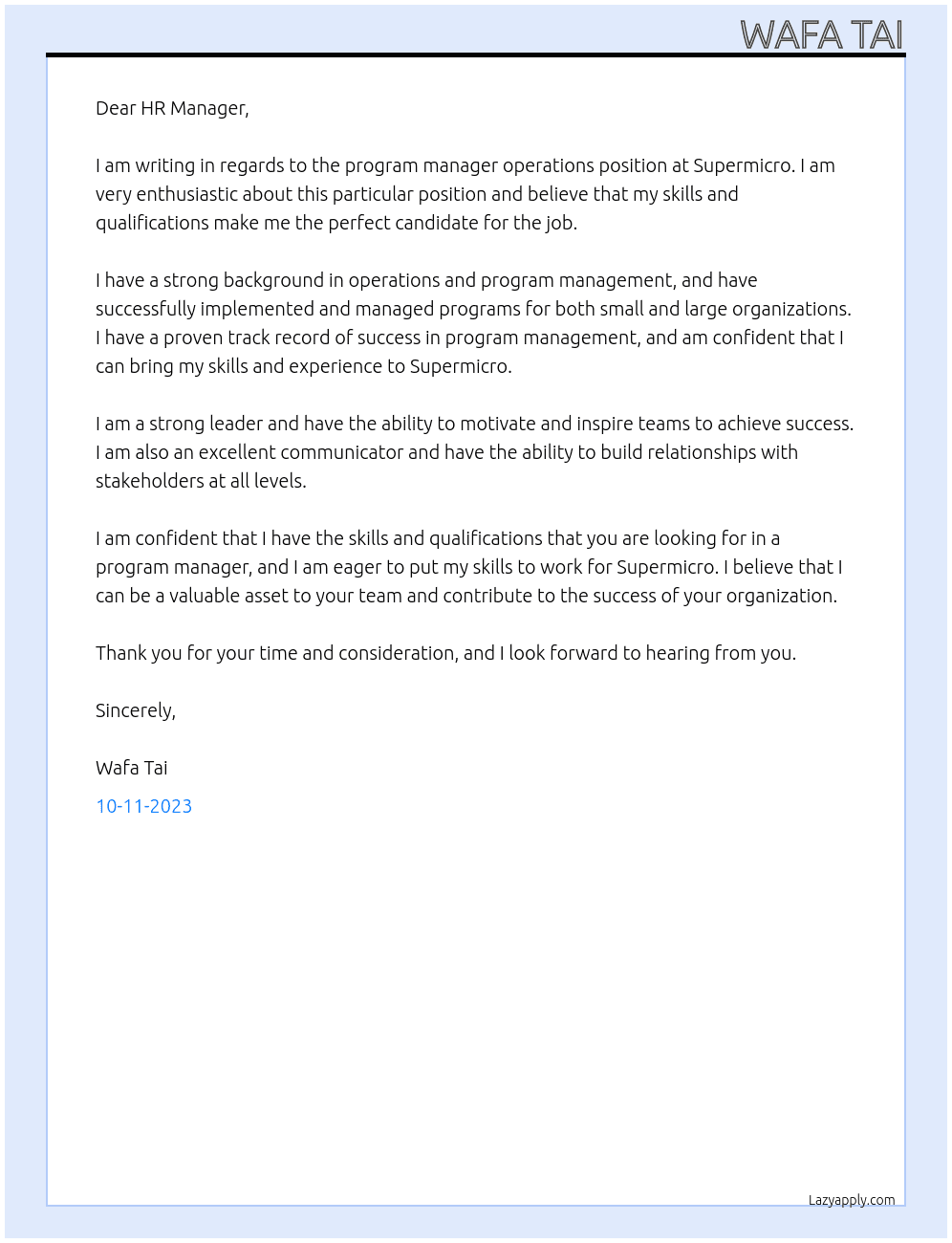 program manager operations At supermicro Cover Letter