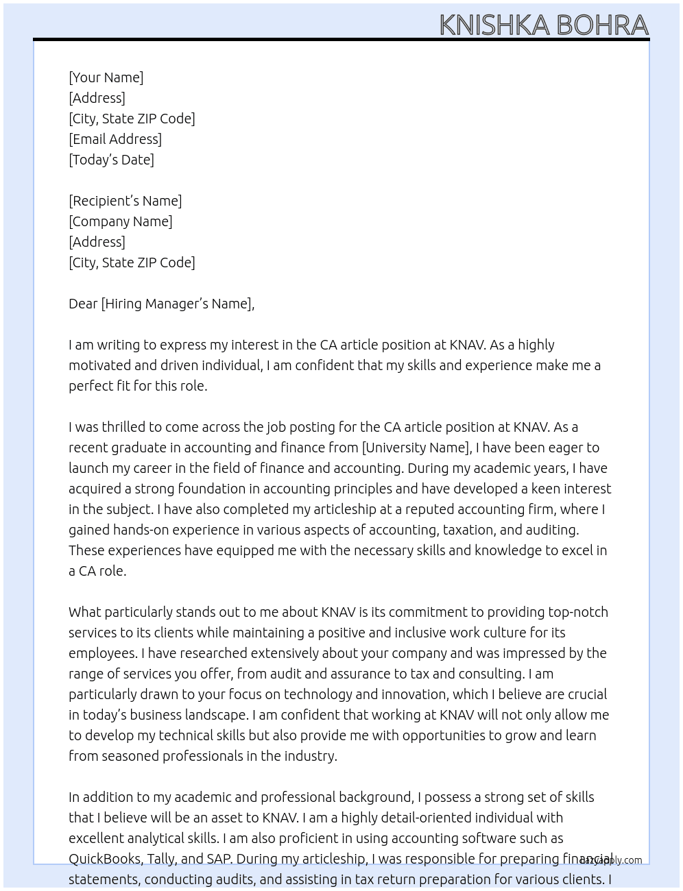 CA article At KNAV Cover Letter