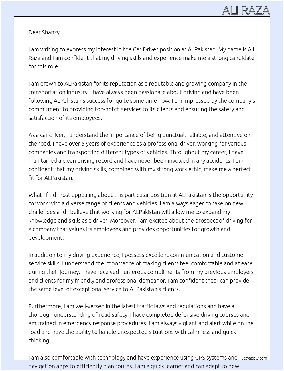 car driver At Example ALPakistan Cover Letter