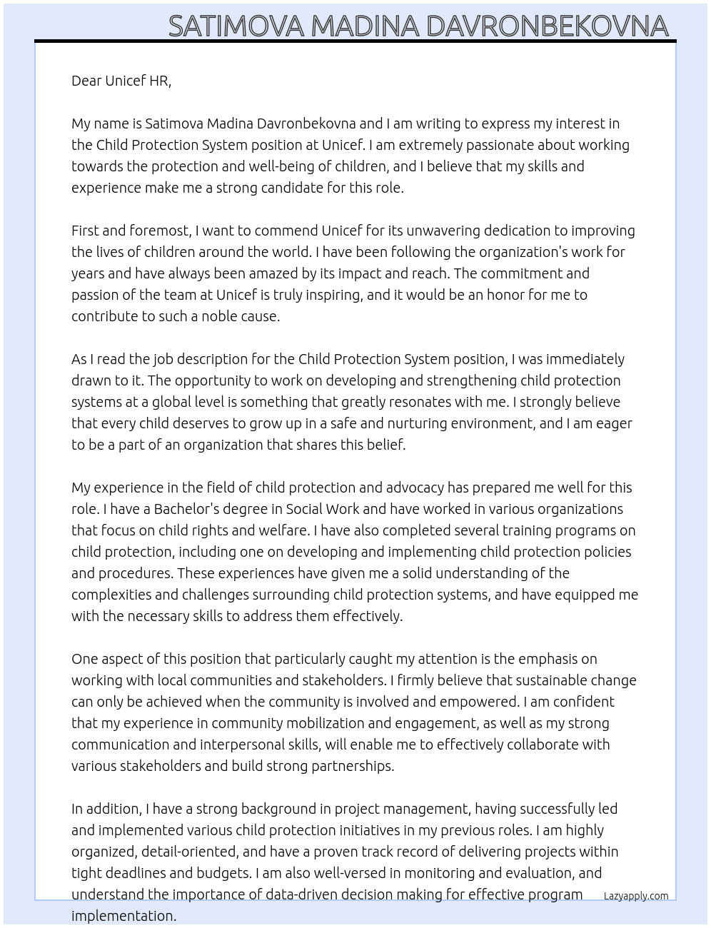 Child protection system  At Satimova Madina Davronbekovna  Cover Letter