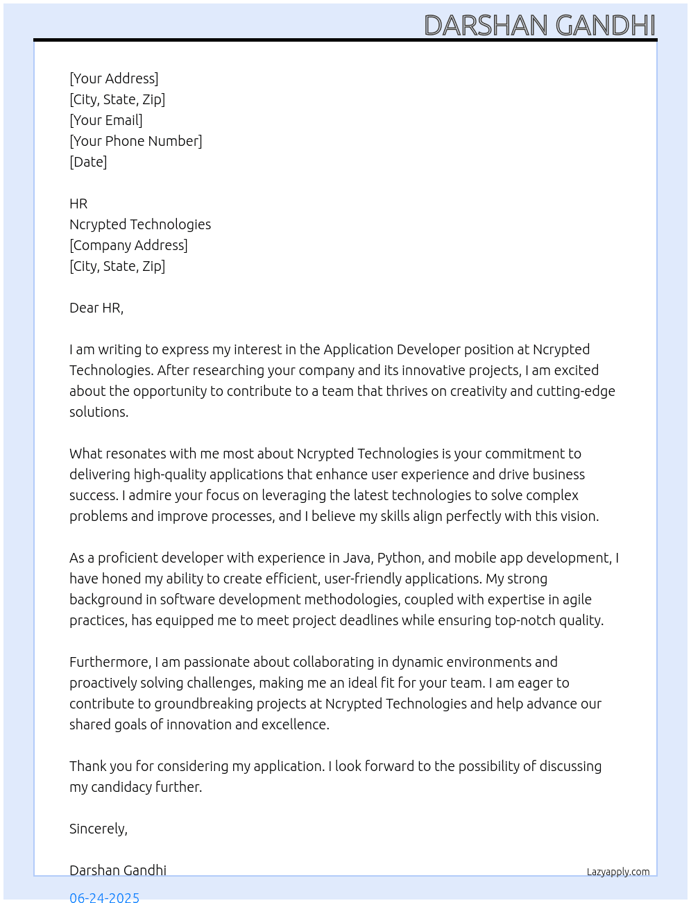 Cover letter for application developer - LazyApply
