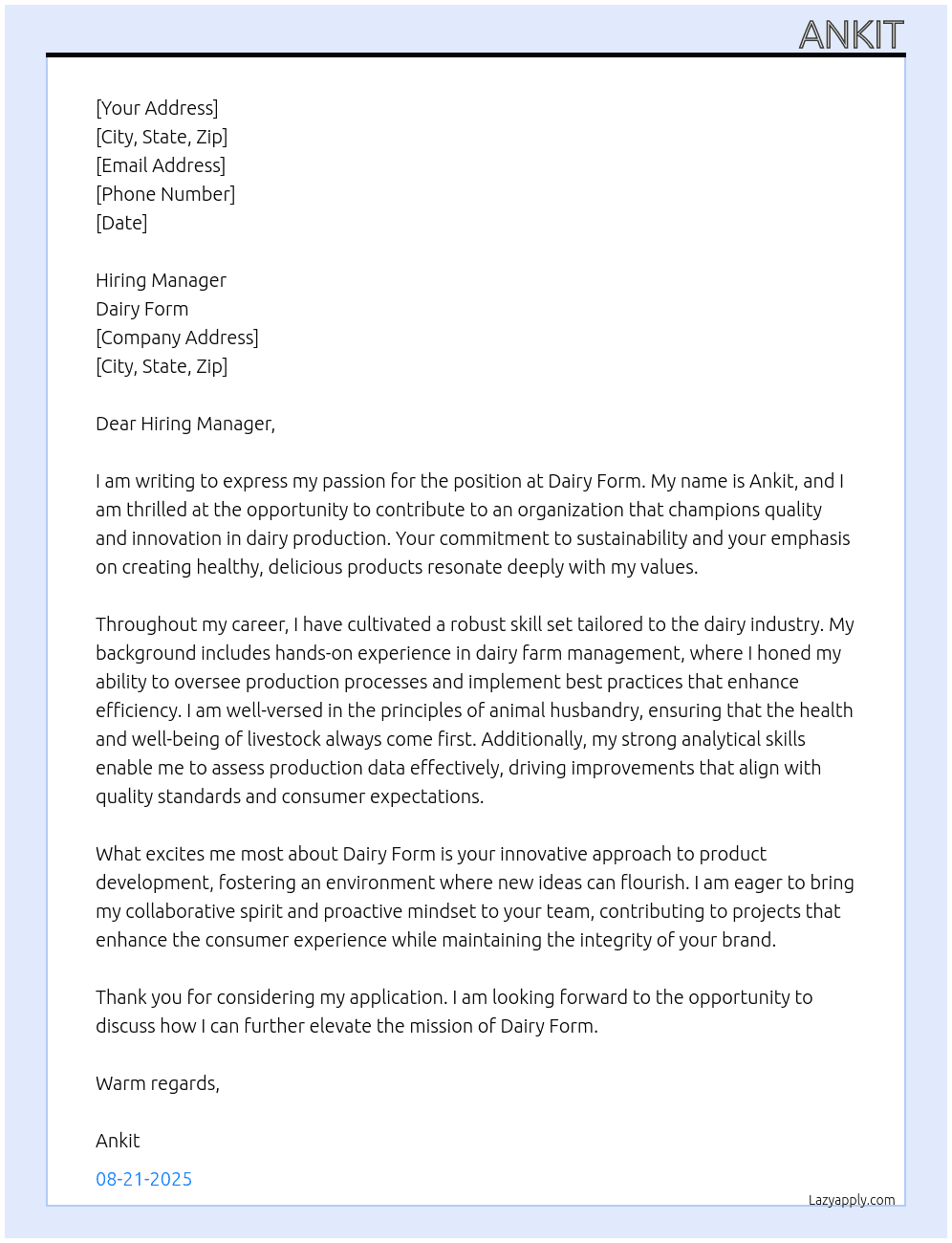 Dairy form At Dairy form Cover Letter