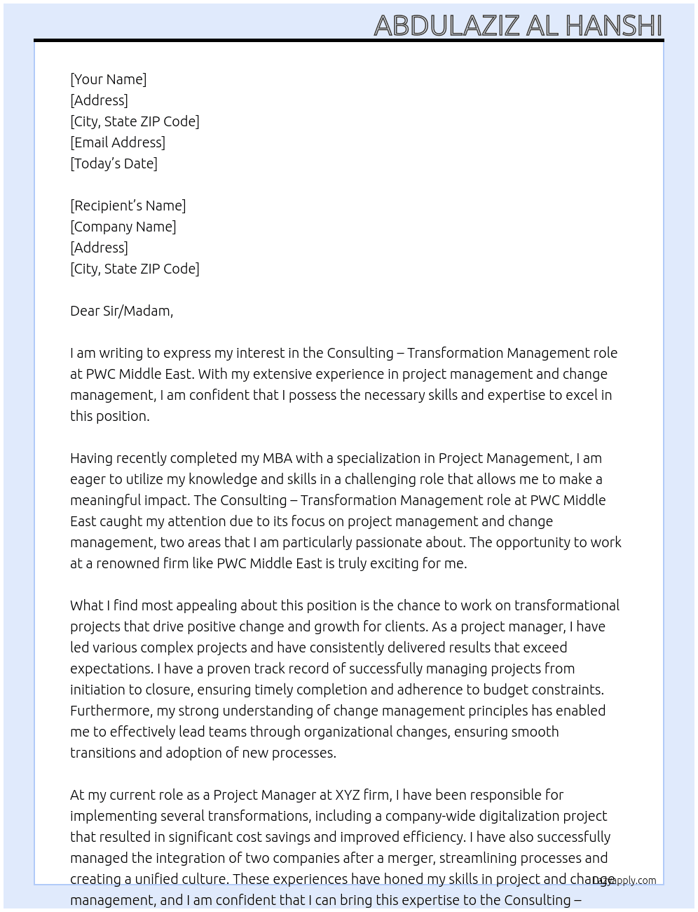 Consulting - Transformation management  At PWC Middle East Cover Letter