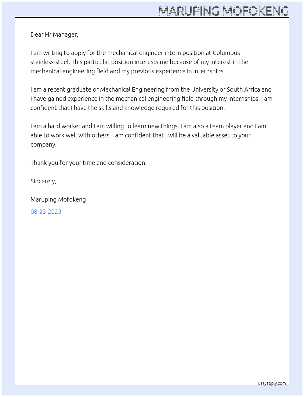 mechanical engineer intern At Columbus stainless-steel Cover Letter