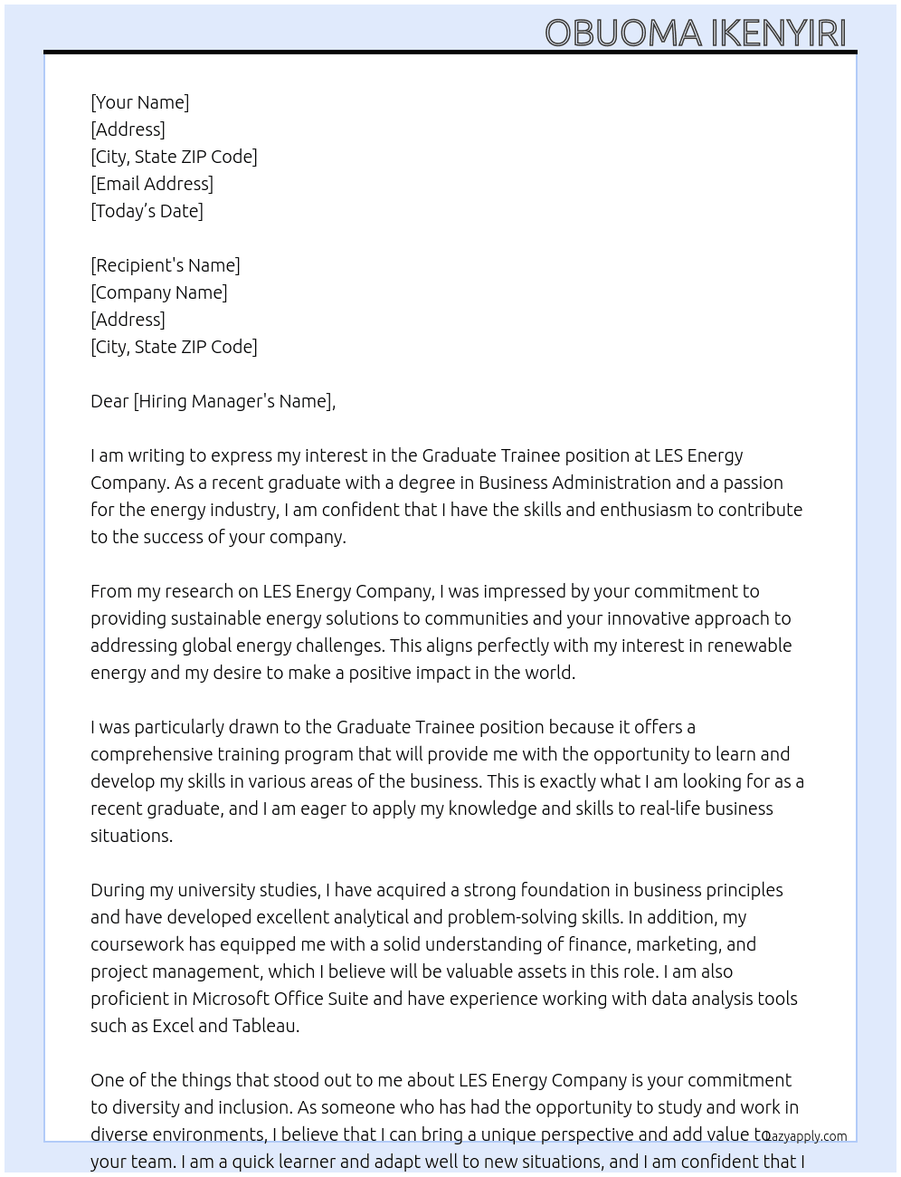 Graduate Trainee At LES Energy Company  Cover Letter