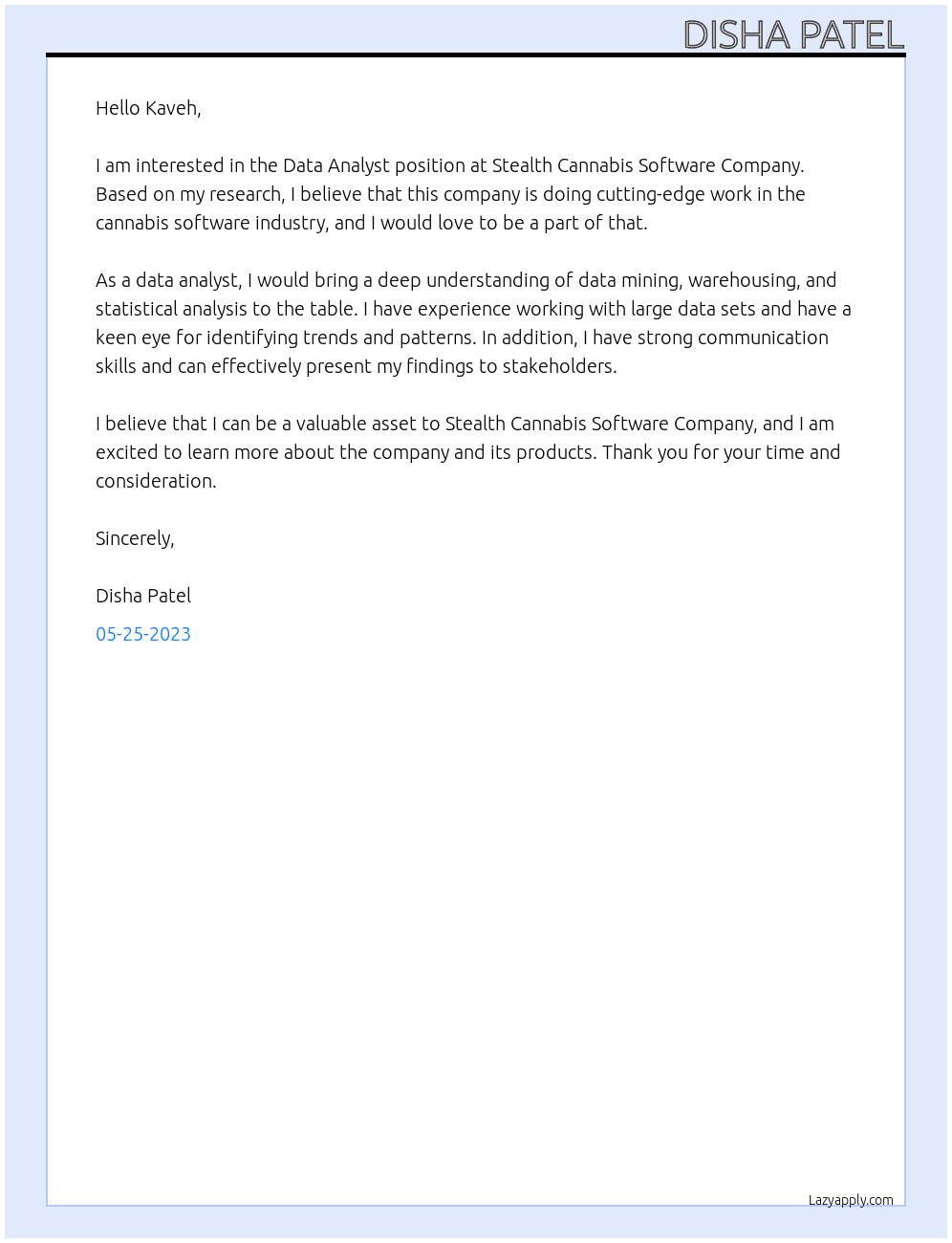 Data Analyst At Stealth Cannabis Software Company Cover Letter
