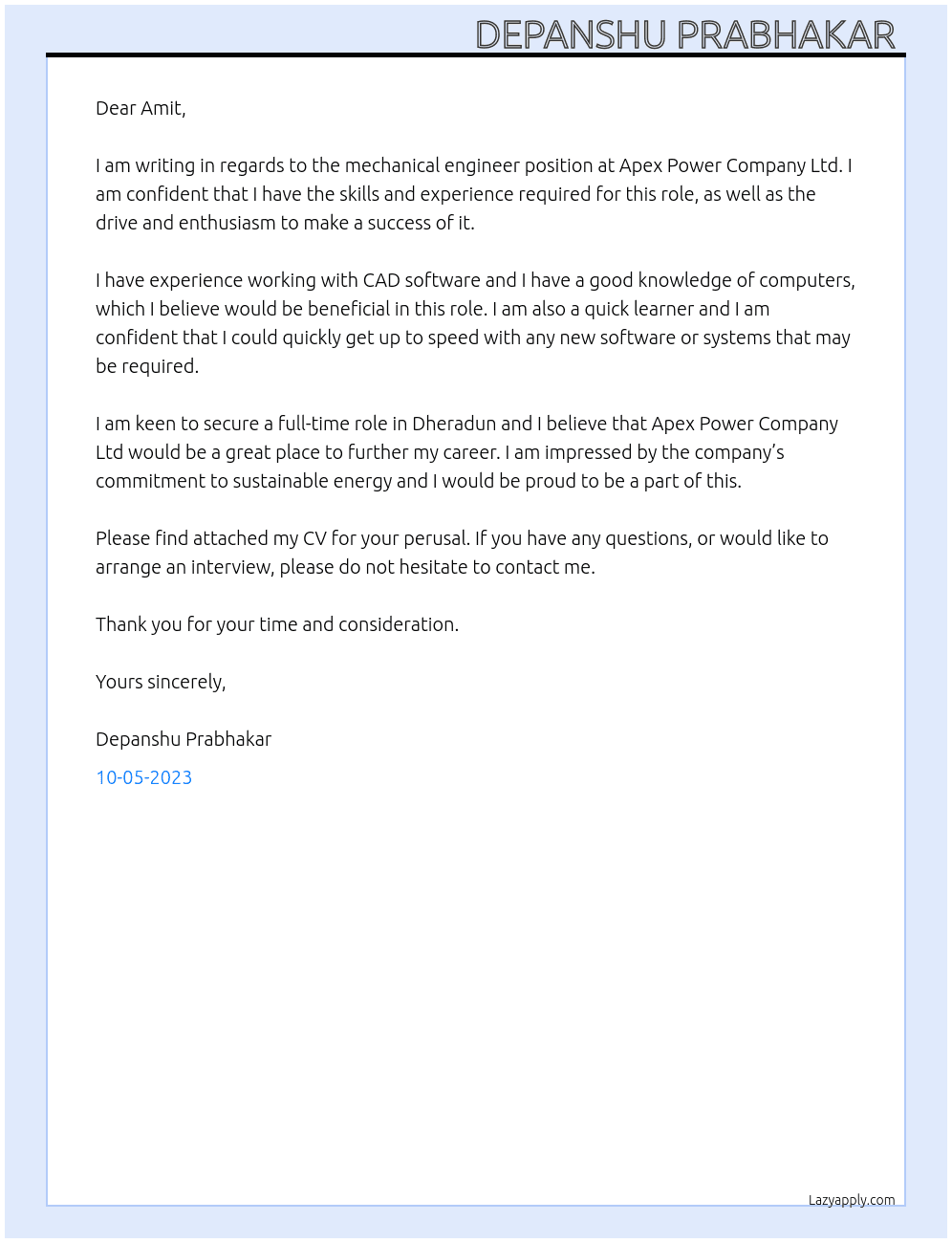 Mechanical engineer At  Apex power company ltd Cover Letter