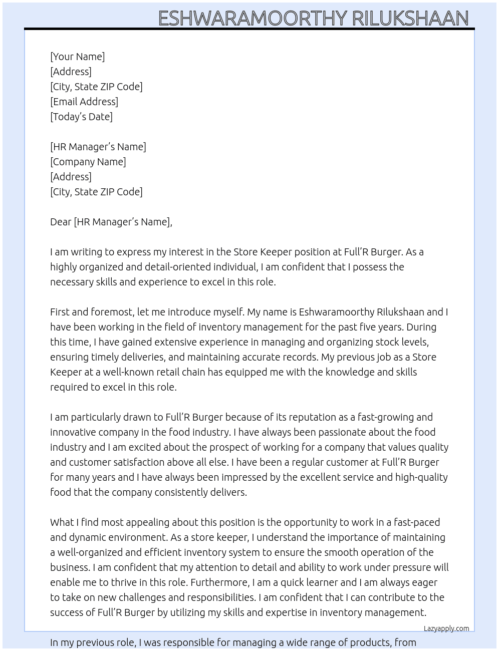 Store keeper At Full'R Burger Cover Letter