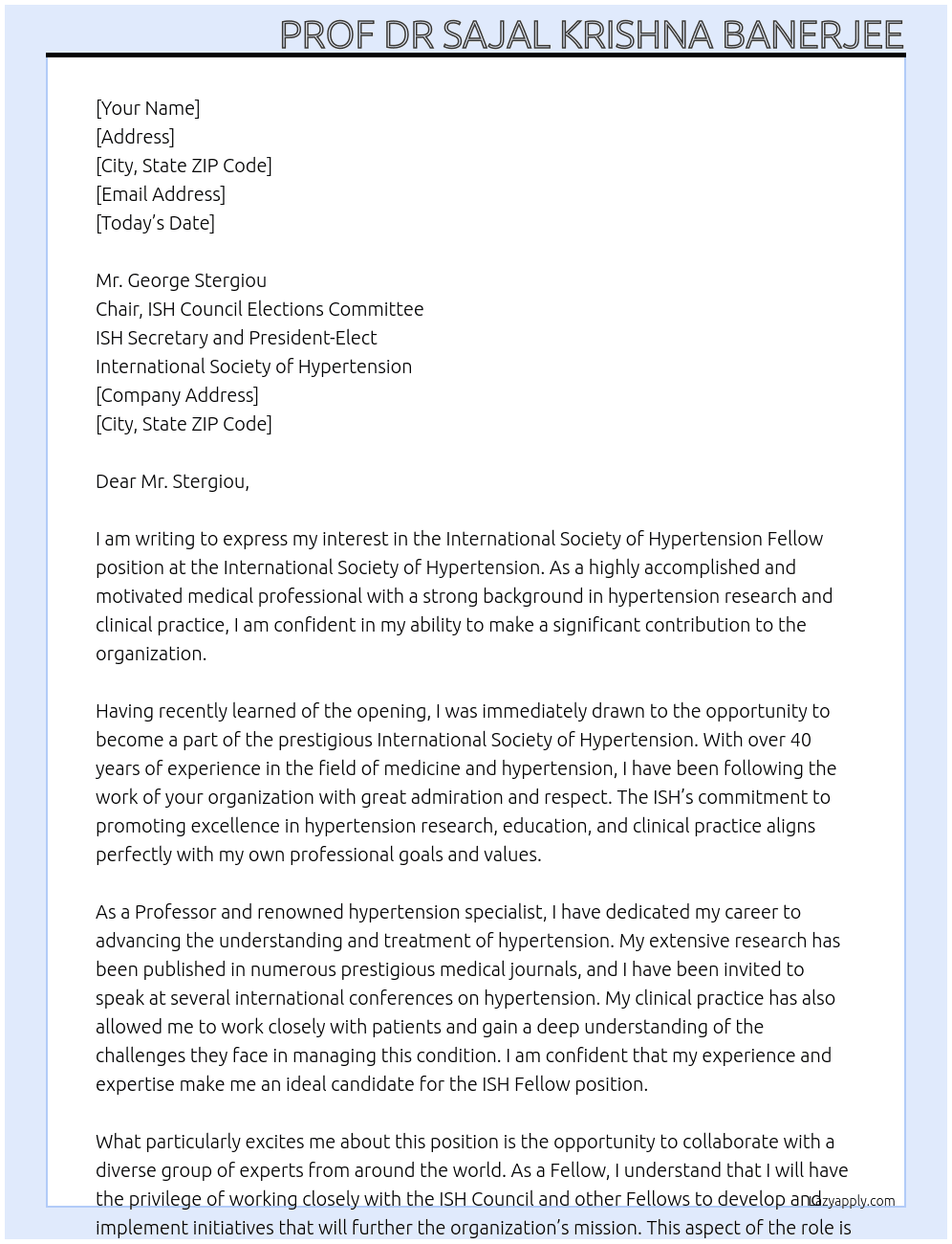 International Society of Hypertension fellow At International society of hypertension Cover Letter