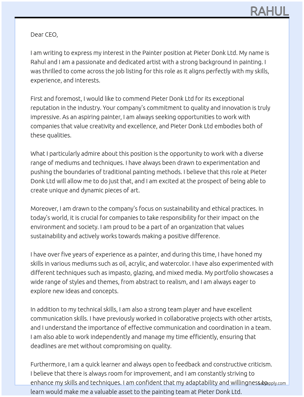 Painter  At Pieter donk Ltd Cover Letter