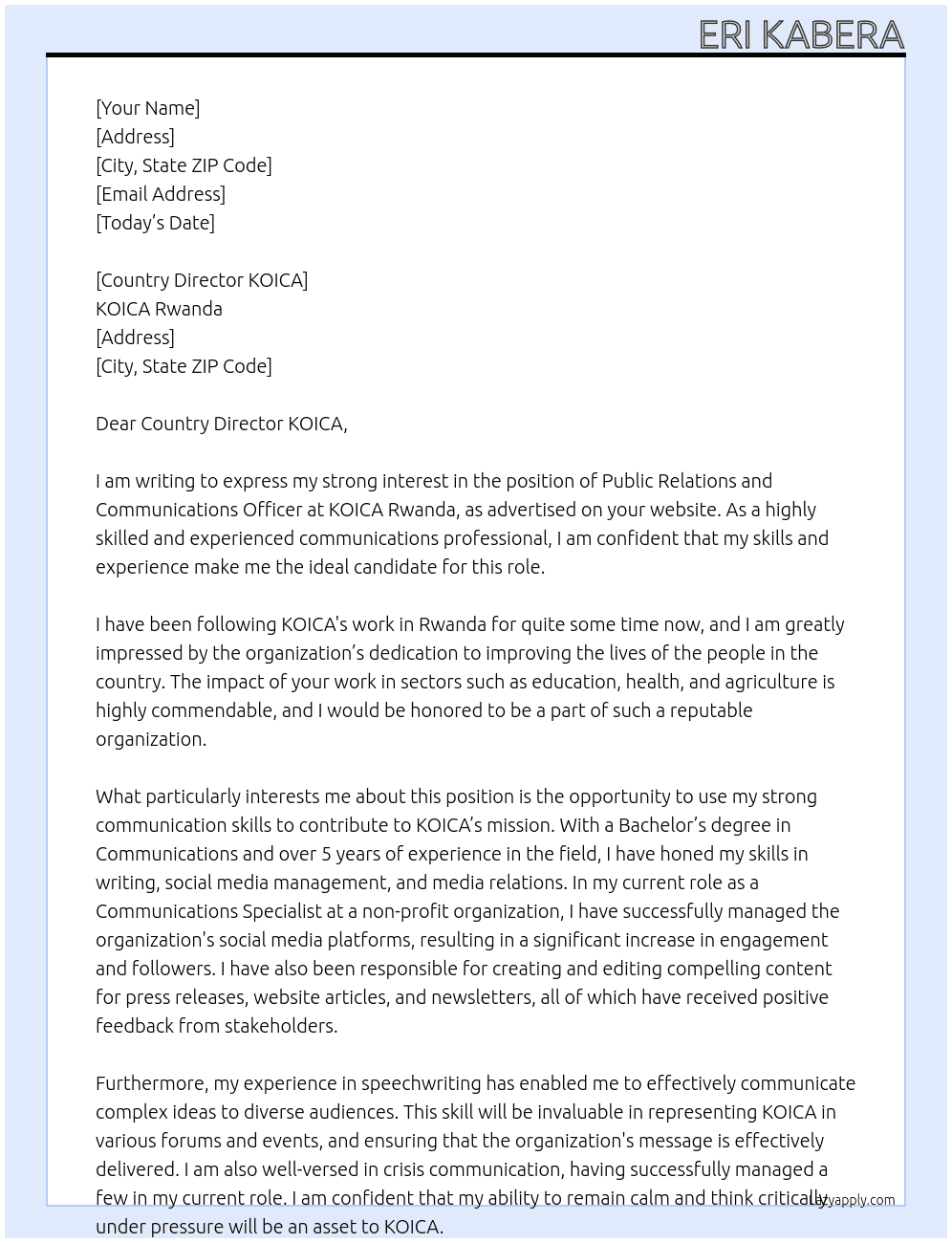 Public Relations and Communications officer  At KOICA Rwanda Cover Letter