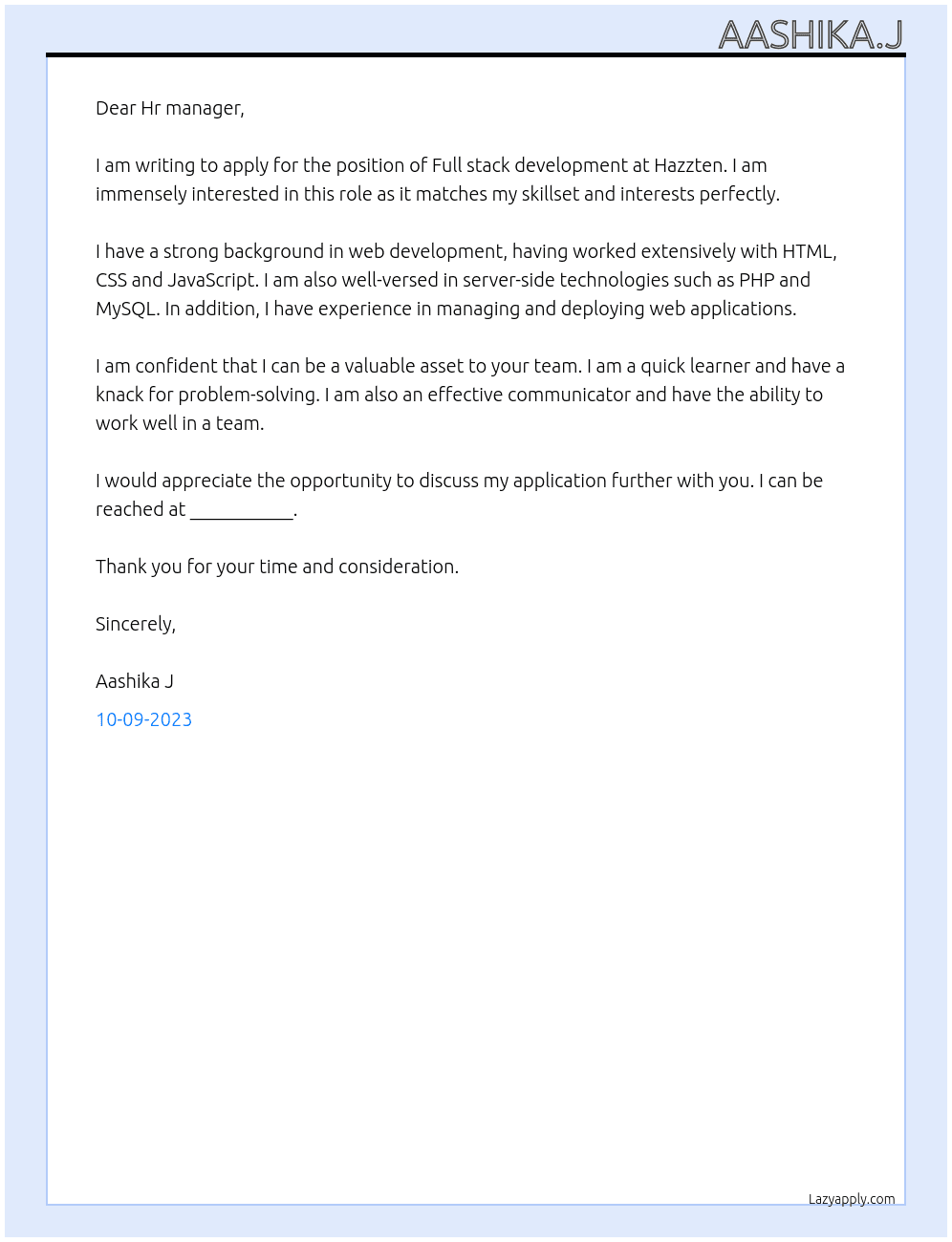 Full stack development  At Hazzten Cover Letter