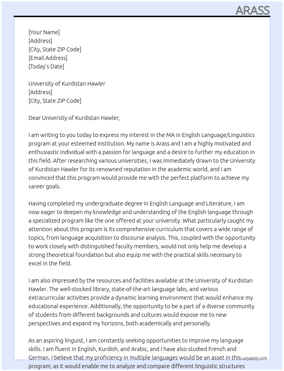 doing an MA in english language/Linguistic At University of kurdistan hawler Cover Letter
